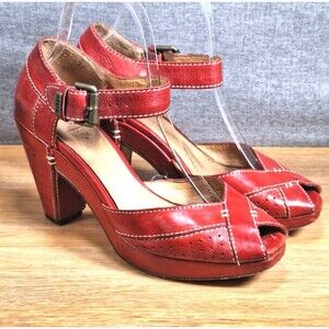 Frye Agatha 2 Piece Sandals Womens 7.5 Red Leather Peep Toe Block Heels Retro